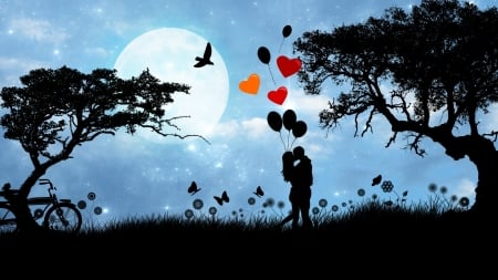 Lovers - moon, blue, balloon, silhouette, bired, night, tree, black, fantasy, red, valentine, couple, lovers