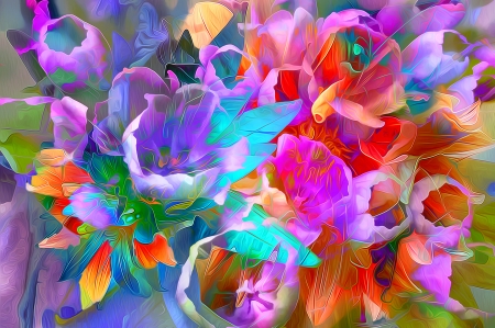 Flowers - colorful, painting, art, pink, red, luminos, blue, pictura, green, texture, flower