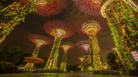 marina bay gardens in singapore at night hdr - night, towers, gardens, hdr, lights