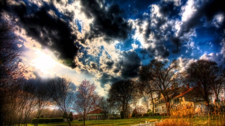 wonderful suburban sky landscape hdr - clouds, house, backyard, hdr, greenhouse, sky