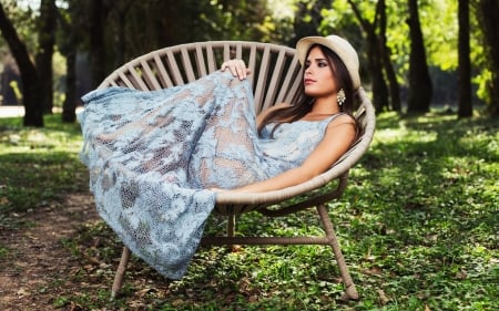 Girl lies in an Armchair - trees, hat, forest, girl, armchair, model