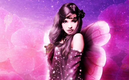 pink fairy - girl, fairy, brunette, wings