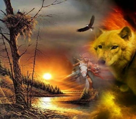 indain fantasy - eagle, fantasy, sun, wolf