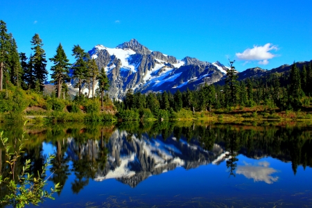 View of snowy mountain - sky, view, lake, landscape, trees, mountain, snowy