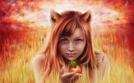 For you! - yellow, ears, fox, girl, orange, fantasy, redhead, hand, red, fruit, apple, luminos