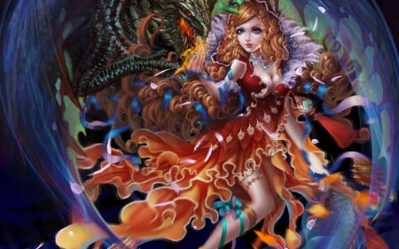 Girl and dragon - colorful luminos, beauty, anime, girl, redhead, blue, manga, fantasy, orange, dragon