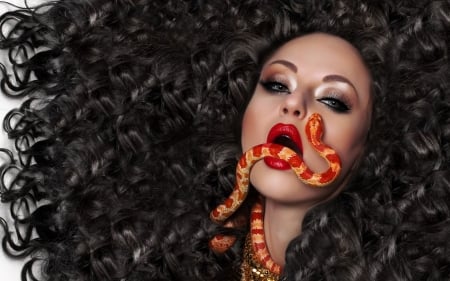 Devil's call - beauty, woman, lips, girl, model, face, red, snake, serpent, orange, brunette, reptile