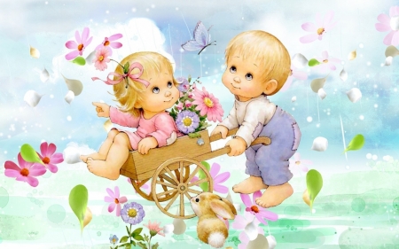 Innocent love - rabbit, blue, girl, spring, flower, pink, bunny, child, boy, illustration, green, valentine, butterfly, cute, card, couple