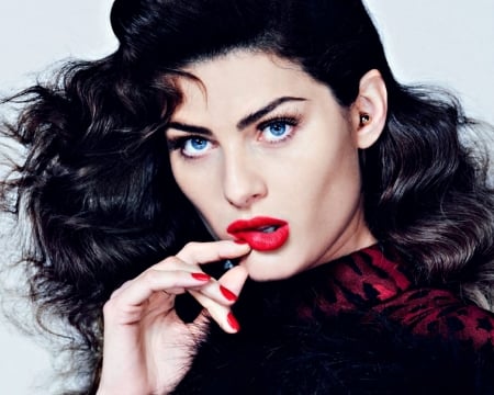 Isabeli Fontana - isabeli fontana, face, red, make-up, model, brunette, girl, lips, hand, woman