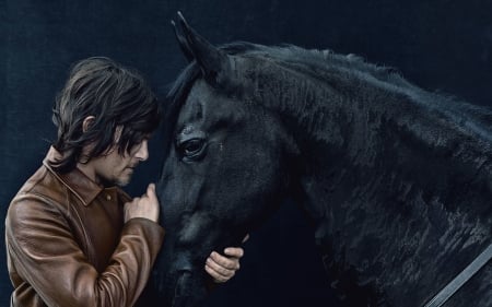 Norman Reedus - male, horse, man, norman reedus, actor, animal, black