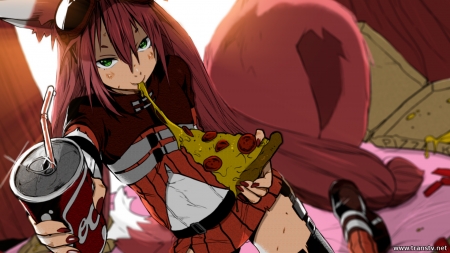 Want some? - anime, girl, pizza, soda