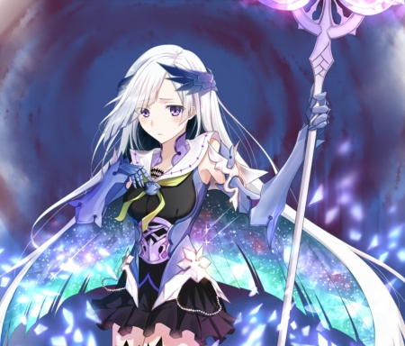 Sad Sorcerer - pretty, tears, anime, female, blue, dress, pink, long hair, white hair, purple, sad, anime girl, beautiful, girl, sorcer, beauty, lovely, sweet, glow, black, lady, woman, soft, cute