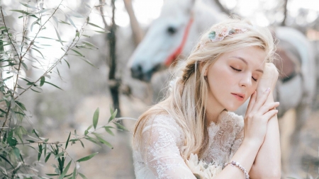 Lovely Girl - white, woman, blond, lovely, horse