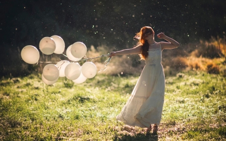 Lovely Day - balloons, field, woman, model