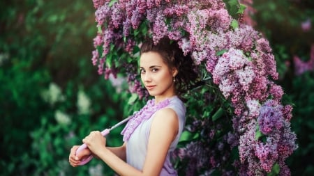 Lovely Girl - flowers, umbrella, woman, model