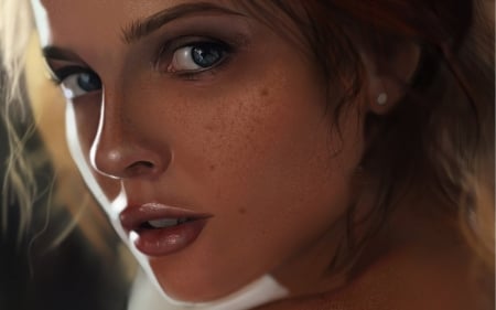 Girl - woman, face, art, girl, lips, game, freckles, fantasy