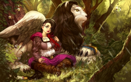 Girl and griffin - woman, griffon, girl, lion, wings, fantasy, white, art, game, pink, green, griffin