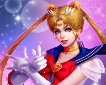 Sailor Moon - girl, fantasy, sailor moon, white, renaillusion, art, red, blue, pink, anime, blonde, manga