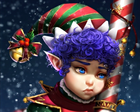 Christmas elf - hat, winter, blue, renaillusion, snow, boy, fantasy, white, craciun, red, green, christmas elf, cute, baiat, art, candy