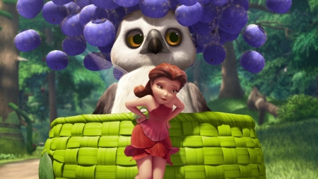 Tinker Bell and the Legend of the NeverBeast (2014) - the legend of the neverbeast, fawn, berry, baby, basket, owl, tinkerbell, fantasy, purple, green, fruit, movie, fairy, disney