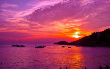 Evening Sunset - glow, sunset, boats, coast