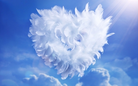 Heart - heart, blue, feather, fluffy, white, valentine, cloud, card, sky