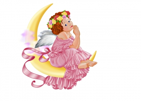 Praying angel on the moon - moon, angel, girl, night, copil, pray, child, white, yellow, pink, card, luna, cute