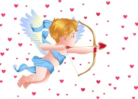 Cupid - red, child, copil, cupid, cute, arrow, blonde, girl, blue, wings, white, card, valentine, heart, archer, angel