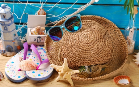 Summer Vacation - beach, sand, still life, hat