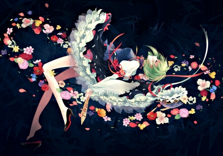 Yamaxanadu - yamaxanadu, girl, kieta shikieiki, black, white, pink, red, luminos, green, anime, manga, flower