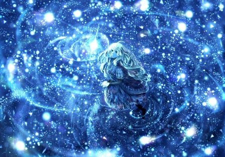 Between the stars - anime, stars, girl, blue, manga, white, sky, fantasy, bou nin, luminos