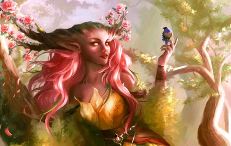 Elf and Bluebird - woman, elf, girl, female, pink hair, colorful, fantasy, bird, art, pretty, beautiful, friends, digital