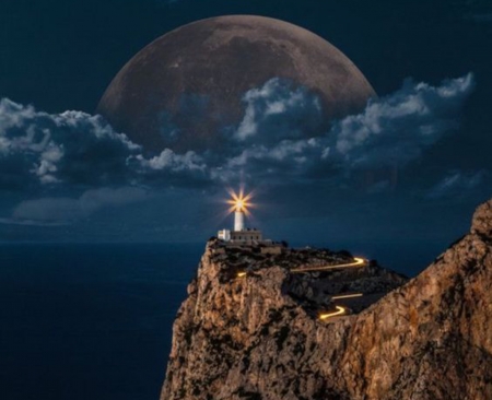 Moon over a Lighthouse - clouds, moon, nature, lighthouse, landscape, sky