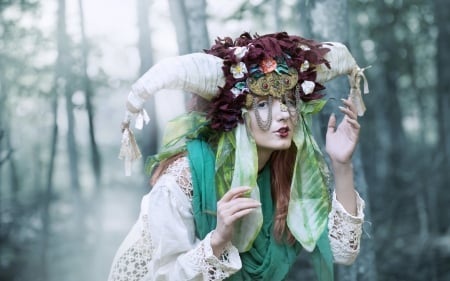 Zodiac ~ Aries - aries, girl, horns, white, mask, green, woman, model, zodiac