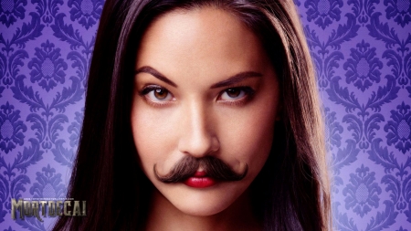 Mortdecai (2015) - comics, girl, mortdecay, actress, mustache, Olivia Munn, fantasy, ovie, purple, funny, woman, movie, face, brunette