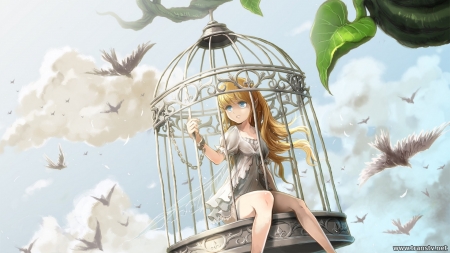 Girl in a cage - Girl, Chains, Artwork, Anime, Sky, Birds, Cage