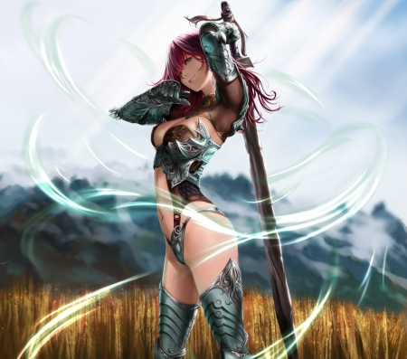 Awsome Girl - pretty, female, armor, fantasy woman, weapon, field, art, abstract, beautiful, sword, beauty, knight, top, black, fantasy, lady, silver, woman, mountains