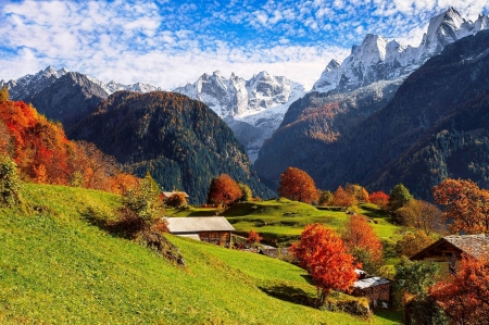 Mountains in Autumn - trees, cabins, landscape, colors, peaks