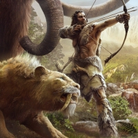 'Prehistoric sabre tooth tiger and barbarian hunter