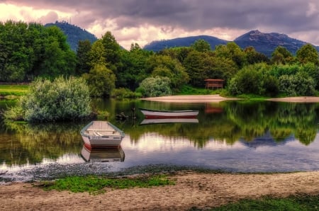 Serenity - beautiful, boat, tranquil, forest, reflection, calmness, mirror, serenity, lake