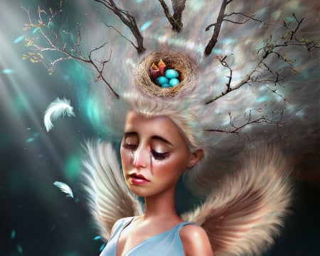 The birds angel - girl, branch, wings, brietolga, fantasy, leja, spring, art, nest, luminos, blue, feather, egg, cute, the birds angel