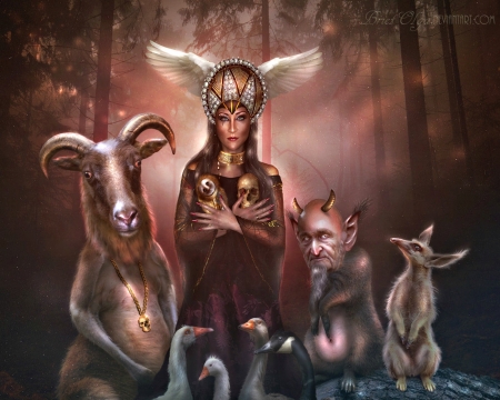 The Night Witch - wings, brietolga, fantasy, horns, ragnhilda, white, art, luminos, red, creature, goose, the night witch, goat, demon