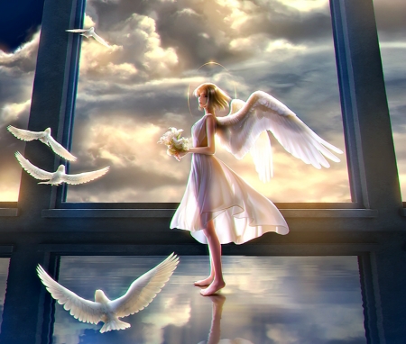 Angel - bird, anime, blue, girl, angel, manga, white, takaki, wings, cloud, luminos