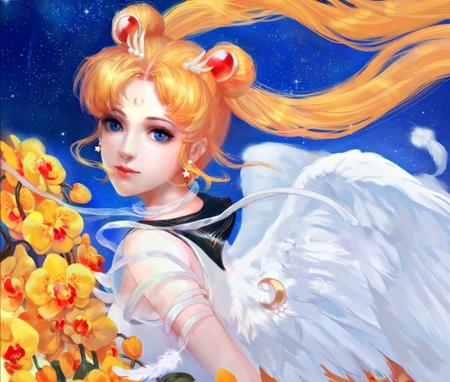 Sailor Moon - beauty, orchids, realistic, angel, yinse qi ji sailor, wings, white, yellow, luminos, anime, feather, luna, manga, sailor moon, serenity, blue, flower, blonde