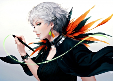 Magical pen - feather, black, suda ayaka, pen, anime, girl, manga, white, orange, realistic, woman