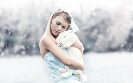 Alice and bunny - woman, girl, winter, bunny, model, white, alice, alessandro di cicco, blue