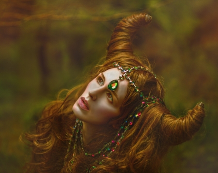 Zodiac ~ Taurus - taurus, zodiac, model, jewel, girl, redhead, agnieszka lorek, woman, horns, green