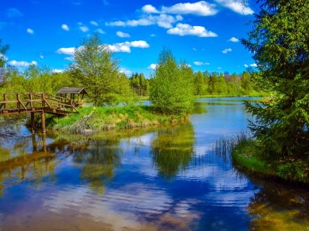 Quietness - clouds, trees, Nature, lake, forest, reflection