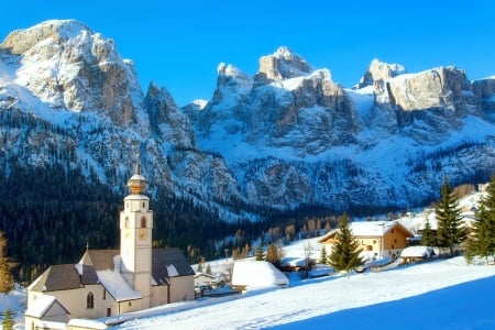 Alta Badia, Italy - slope, mountain, travel, italy, winter, rocks, vacation, village, snow, beautiful, rest, cliffs