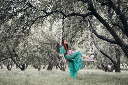 Lovely Girl - swing, trees, woman, model